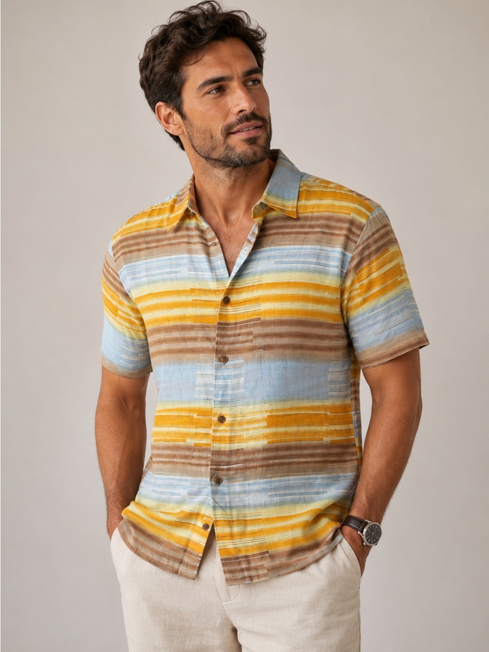 Lorenzino designer linen casual button down shirt